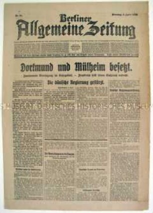 Tageszeitung "Berliner Allgemeine Zeitung" zur Besetzung des Ruhrgebiets durch Frankreich
