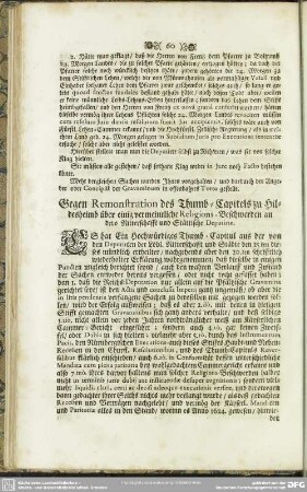 Gegen Remonstration des Thumb-Capitels zu Hildesheimb über einig vermeintliche Religions-Beschwerden an dero Ritterschafft und Stättische Deputirte