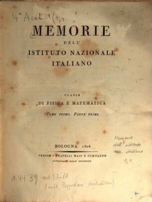 Memorie dell'Istituto Nazionale Italiano, Classe di Fisica e Matematica. 1,1, 1,1. 1806