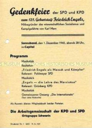 Programm zu einer Gedenkfeier von SPD und KPD zum 125. Geburtstag Friedrich Engels