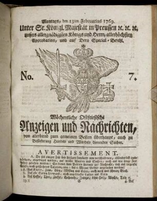 No. 7. Montags, den 13ten Februarius 1769.