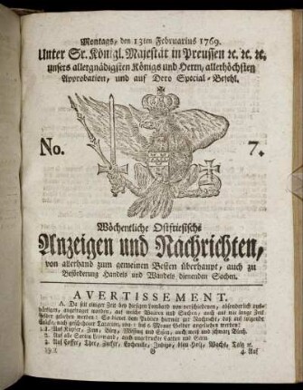 No. 7. Montags, den 13ten Februarius 1769.