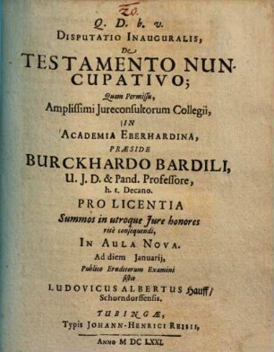 Disputatio Inauguralis, De Testamento Nuncupativo