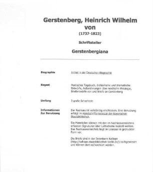 Nachlass von Heinrich Wilhelm von Gerstenberg (1737 - 1823) - BSB Gerstenbergiana, 0. Repertorium des Nachlasses von Heinrich Wilhelm von Gerstenberg (1737 - 1823)