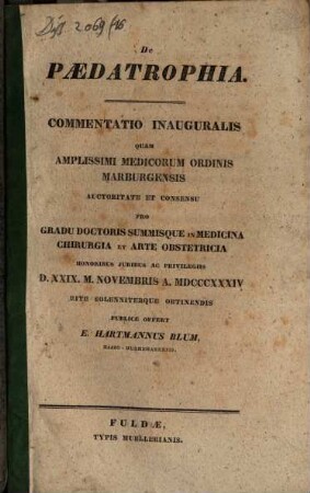 De paedatrophia : Commentatio inauguralis
