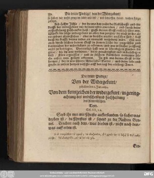 Die dritte Predigt/ Von der Widergeburt/ gehalten den 6. Jun. 1684. Von dem kennzeichen der widergeburt/ in geringachtung des irrdischen und hochhaltung des himmlischen.