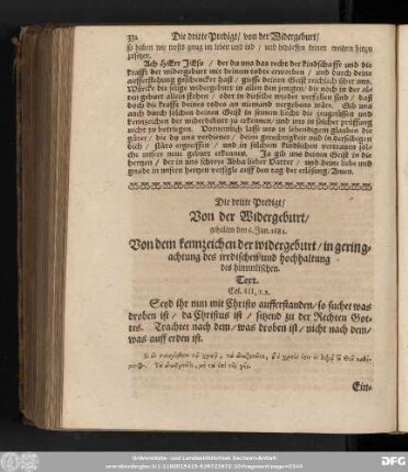 Die dritte Predigt/ Von der Widergeburt/ gehalten den 6. Jun. 1684. Von dem kennzeichen der widergeburt/ in geringachtung des irrdischen und hochhaltung des himmlischen.