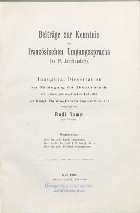 Beiträge zur Kenntnis der französischen Umgangssprache des 17. Jahrhunderts