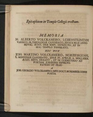 Epitaphium in Templo Collegii erectum.