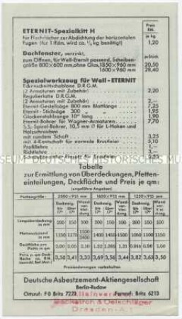 Well-Eternit-Preisliste für Waggonbezug