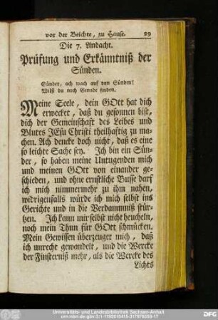 Die 7. Andacht. Prüfung und Erkänntniß der Sünden.