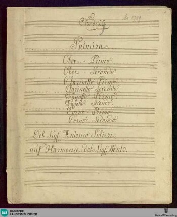 Palmira regina di Persia. Arr - Don Mus.Ms. 1709 : winds; AngS 135