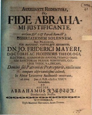 De fide Abrahami iustificante, ex Genes. 15, 6. dissertatio sol.