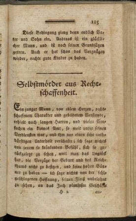 Selbstmörder aus Rechtschaffenheit. - Edelmuth unter Landleuten.