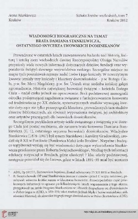 Wiadomości biograficzne na temat brata Damiana Stankiewicza, ostatniego snycerza lwowskich dominikanów