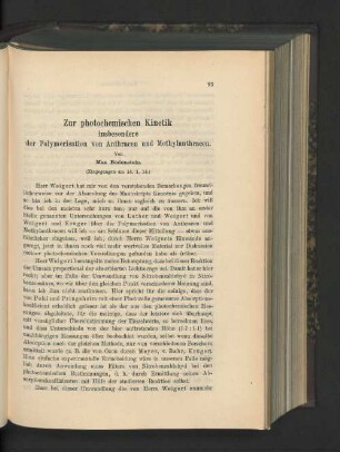 Zur photochemischen Kinetik insbesondere der Polymerisation von Anthracen und Methylanthracen.