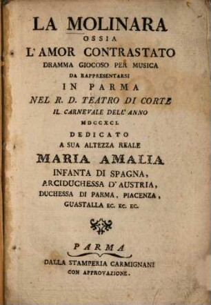 La molinara ossia l'amor contrastato : Dramma giocoso per musica