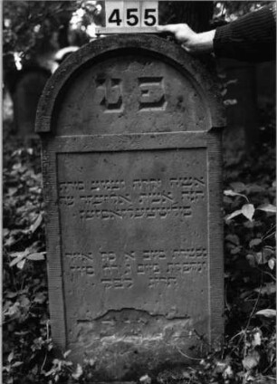 Grabstein 455 (Index: 99803743) Material: sandstein Zustand: unten verwittert Maße HxBxT: 127x60x9 cm Beschreibung: Stele mit profiliertem Rand, Giebelfeld: Grabstein 455
