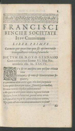 Francisci Bencii E Societate Iesu Carminum Liber Primus