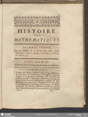 Seconde Partie, Contenant l'Histoire de ces Sciences chez divers peuples Orientaux, comme les Arabes, les Persans, les Chinois, les Indiens, &c.