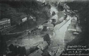 Hochwasserkatastrophe 8./9.7.1927 im Osterzgebirge : Glashütte nach der Hochwasserkatastrophe vom 8. zum 9. Juli 1927. Unterer Ortsteil mit Gärtnerei. Blick von der "Glashütter Bastei" das Müglitztal talauf