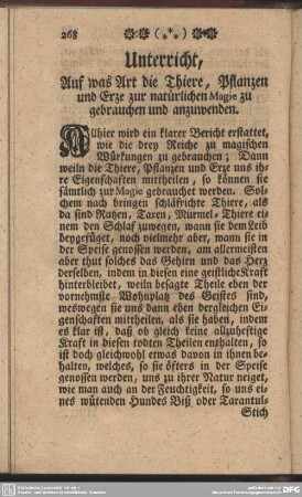 Unterricht, Auf was Art die Thiere, Pflanzen und Erze zur natürlichen Magie zu gebrauchen und anzuwenden