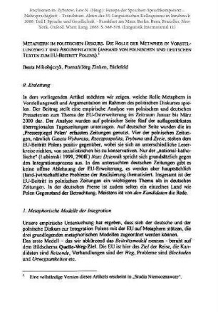 Metaphern im politischen Diskurs. Die Rolle der Metapher in Vorstellungswelt und Argumentation (anhand von polnischen und deutschen Texten zum EU-Beitritt Polens)