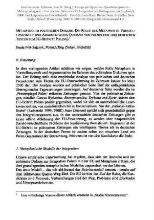Metaphern im politischen Diskurs. Die Rolle der Metapher in Vorstellungswelt und Argumentation (anhand von polnischen und deutschen Texten zum EU-Beitritt Polens)