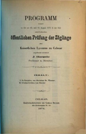 Programm des Lyceums in Colmar : für das Schuljahr ..., 1873/74
