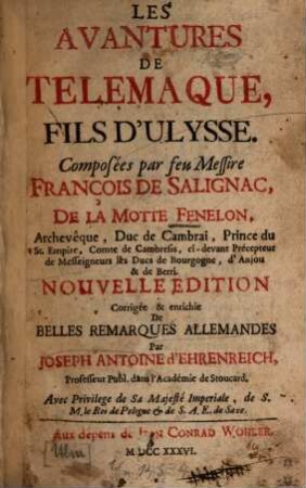Les Avantures De Télémaque, Fils D'Ulysse