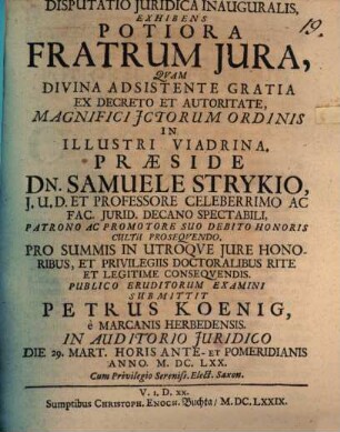 Disp. iur. inaug. exhibens potiora fratrum iura