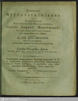 1819: Orationes Sylverstainianas ... in Gymnasii auditorio primae classis habendas indicit