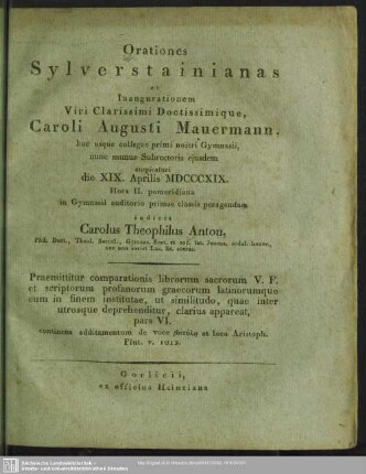1819: Orationes Sylverstainianas ... in Gymnasii auditorio primae classis habendas indicit