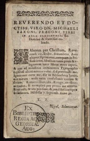 Reverendo Et Doctiss. Viro Dn. Michaeli Saxoni, [...]