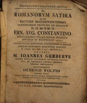 Dissertatio Philologico-Critica De Romanorvm Satira