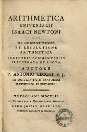 Arithmetica universalis Isaaci Newtoni sive de compositione et resolutione arithmetica, 2,1/2