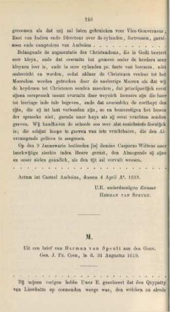 M. Uit een brief van Herman van Speult aan den Gouv. Gen. J. Pz. Coen, in d. 31 Augustus 1619