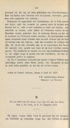 M. Uit een brief van Herman van Speult aan den Gouv. Gen. J. Pz. Coen, in d. 31 Augustus 1619