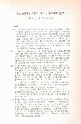 Kurhessisch-historische Aufzeichnungen seit dem 14. Juni 1866.