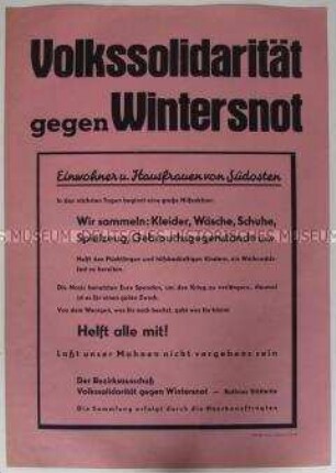 Maueranschlag der Volkssolidarität Leipzig mit einem Aufruf zu Solidarität und Spenden gegen die Wintersnot