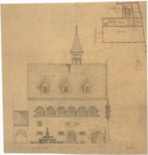 Hildebrand, Adolf von; Worms, Hagenstr. - Neumarkt; Siegfriedbrunnen und Bibliotheksbau - Modellfoto mit Collage