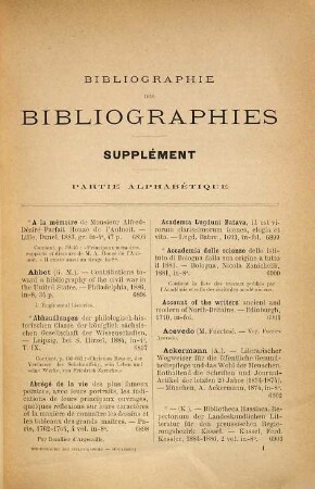 Bibliographie des bibliographies, [3]. Premiére partie (...), seconde partie (...) - supplément