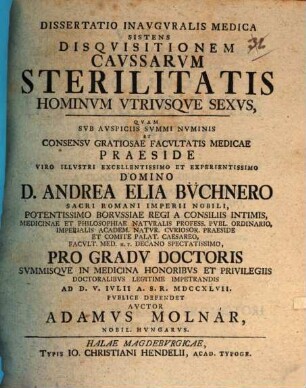 Dissertatio Inavgvralis Medica Sistens Disqvisitionem Cavssarvm Sterilitatis Hominvm Vtrivsqve Sexvs