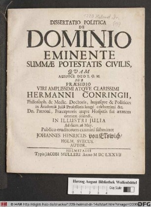 Dissertatio Politica De Dominio Eminente Summae Potestatis Civilis