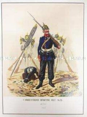 Uniformdarstellung, Infanterist des 1. Hanseatischen Infanterie-Regiments No. 75, Preußen, 1866. Tafel 90 aus: Schindler: Suplement zum Militair-Album.