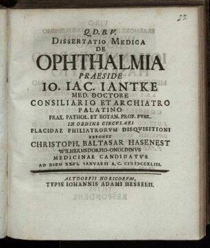Dissertatio Medica De Ophthalmia