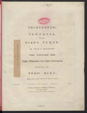 Thirteenth Fantasia for the Piano Forte In which is Introduced The Popular Air "The Wealth Of The Cottage", : No. 2. Op. 134.