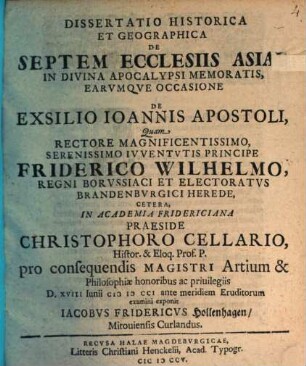 Diss. hist. et geogr. de septem ecclesiis Asiae in divina Apocalypsi memoratis, earumque occasione de exsilio Ioannis Apostoli