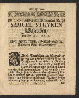 Sr. Excellentz des Hn. Geheimten Raths Samuel Stryken Schreiben/ An den Autorem.