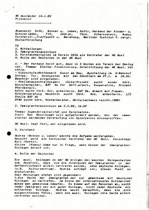 Sitzungsprotokolle: Arbeitsgruppe Ausländer im Verein SO 36, 1988 und 1989
